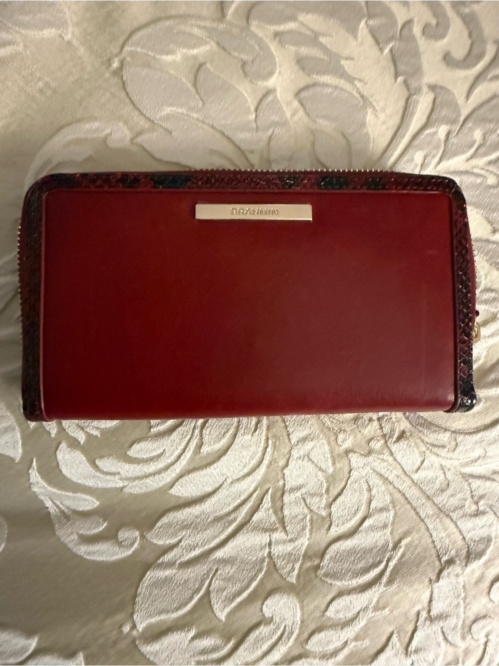 Brahmin Deep Red Zip Wallet with Textured Trim